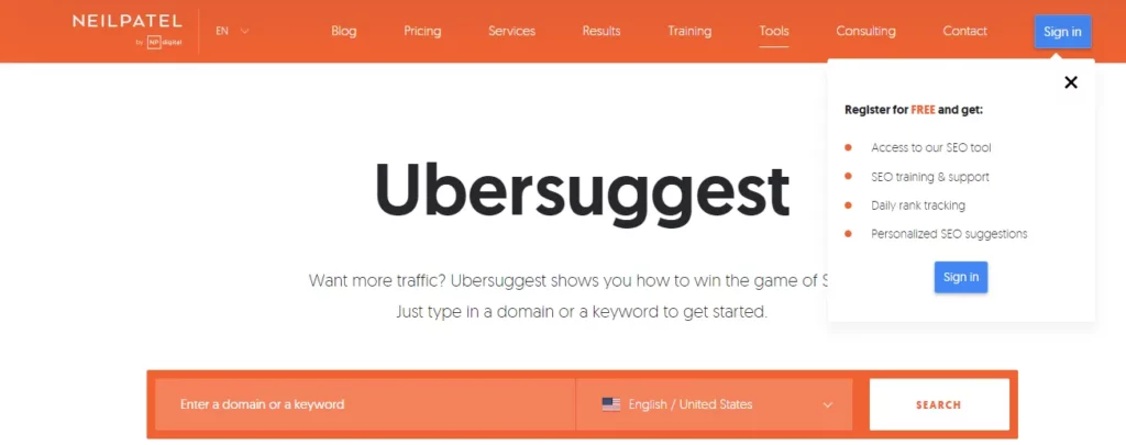 Ubsersuggest SEO Platform that can help you get insights for content marketing