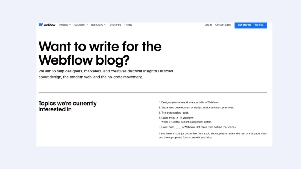 Webflow, a guest blogging website for web design niche