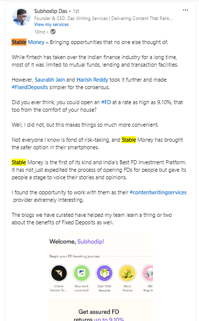 Subhodip Das LinkedIn Post about Stable Money Success Story