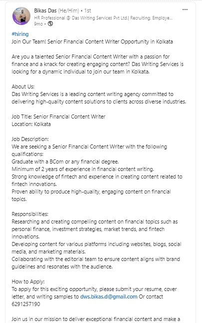 LinkedIn Post of Bikas Das Recruitment